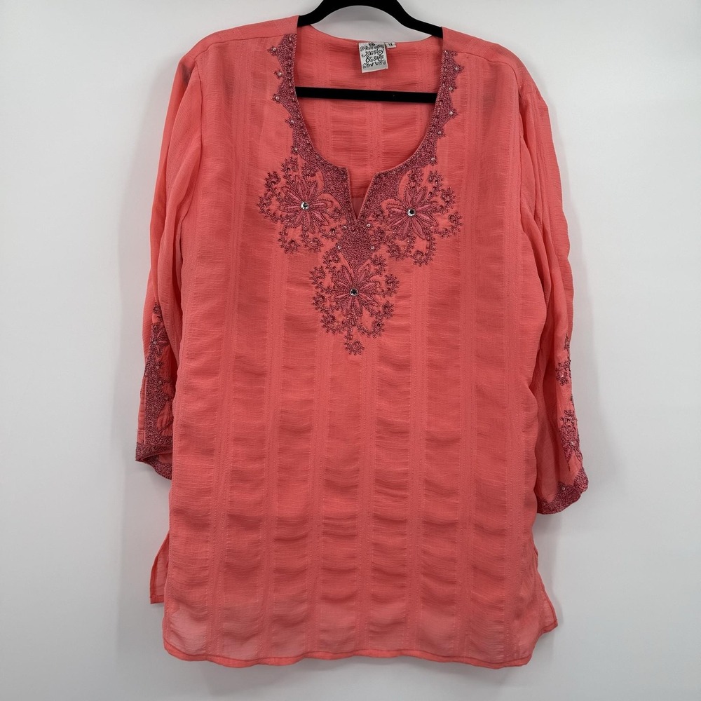 Parsley & Sage Tunic Shirt Top Womens 1X Orange Embroidered Beaded Rhinestone‎